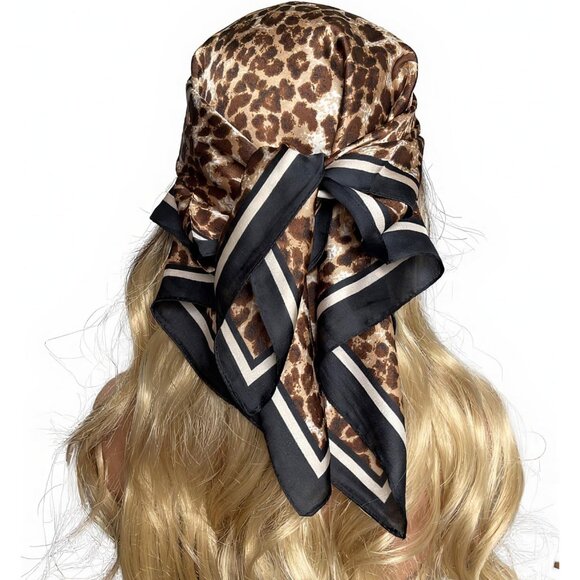 Women Small Leopard Headscarf Satin Bandana Pattern Polyester Breathable Scarves - Picture 3 of 7